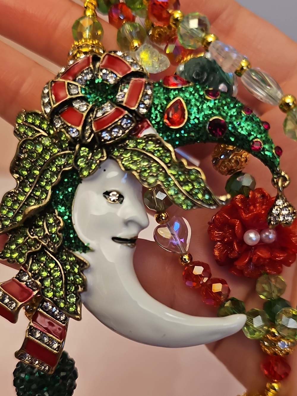 Green & Red Moon Face Purse Charm